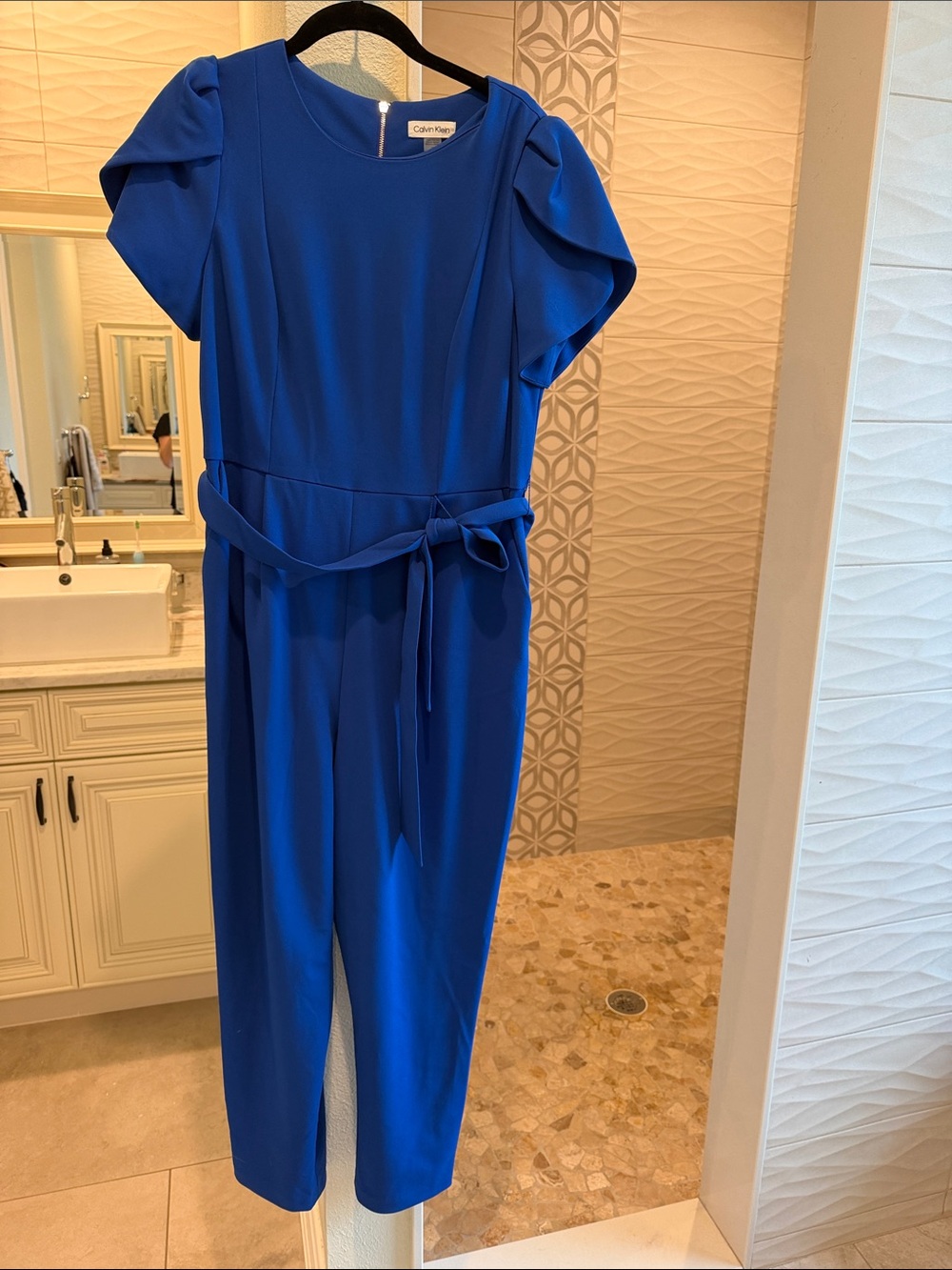 Calvin Klein Bright Blue Short Sleeve Belted Jumpsuit